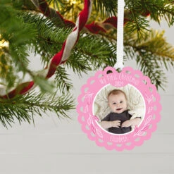 Hallmark Baby’s First Christmas Pink Scalloped Personalized Text And Photo Metal Ornament -Ornament Shop Babys First Personalized Round Christmas Ornament 1OFM1004B2 02