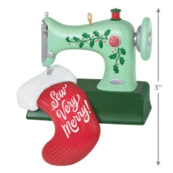 Hallmark Sew Very Merry! Ornament -Ornament Shop Green Sewing Machine and Stocking Keepsake Ornament 1799QGO2927 03