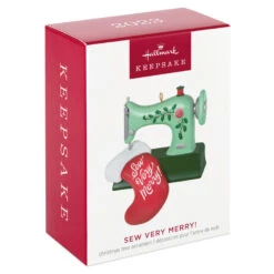 Hallmark Sew Very Merry! Ornament -Ornament Shop Green Sewing Machine and Stocking Keepsake Ornament 1799QGO2927 04